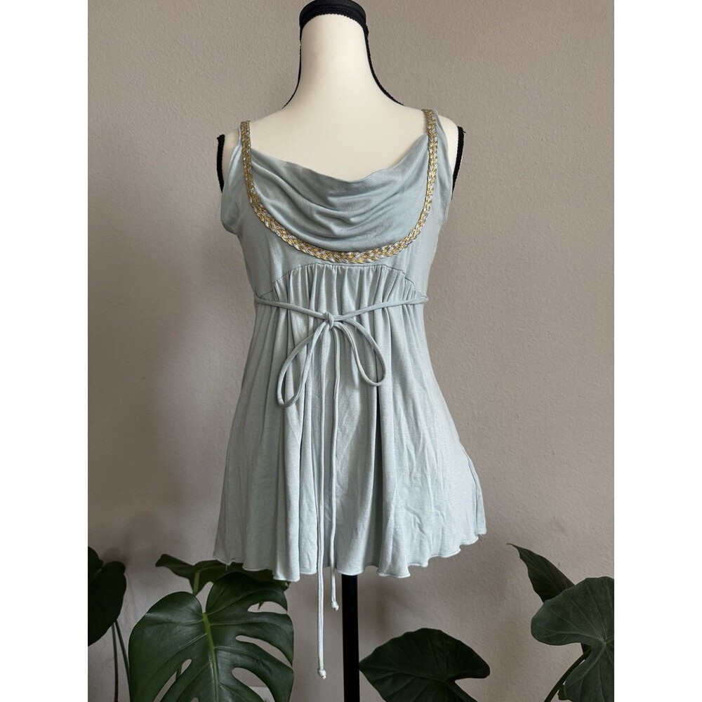 Y2K Arden B. Pale Mint Green Babydoll Tank Top Gold Braided Trim Empire Waist M